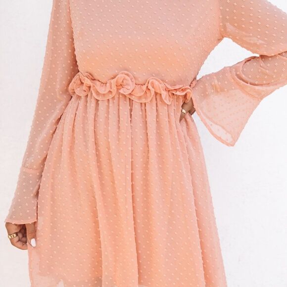 Peach Swiss Dot Bell Sleeve Mini Dress - Picture 3 of 10
